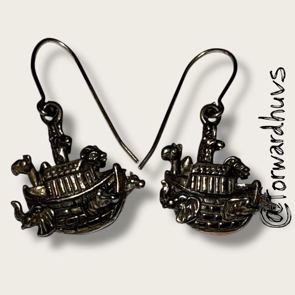 Sterling Silver Dangle Earrings – Noah’s Ark – 925 – Animal Detail – Dark Patina